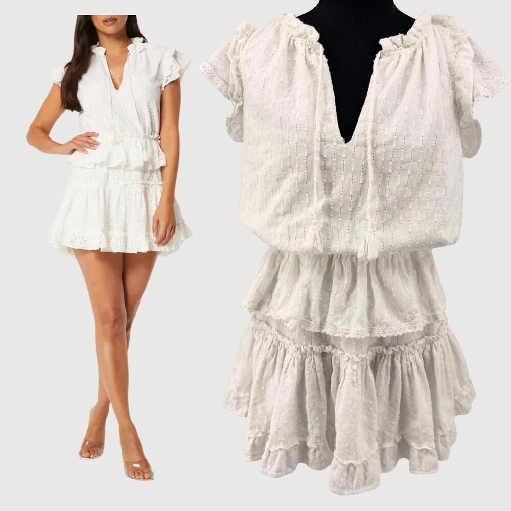 MISA Los Angeles Iliana White Eyelet Ruffle Mini Festival Dress Size S